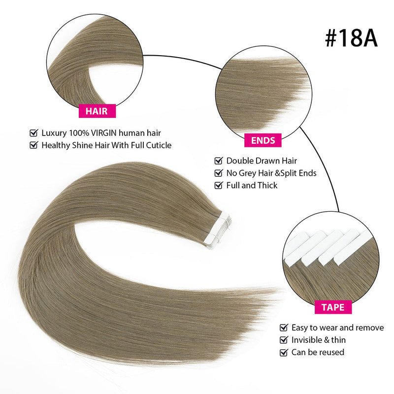 #18A Ash Blonde 100% Human Remy Hair Tape In Hair Extension Light Color Straight (40Pcs/100Gram)