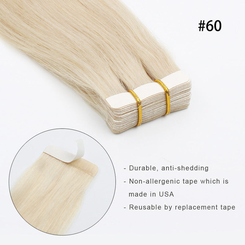 #60 White Blonde 100% Human Remy Hair Tape In Hair Extension Light Color Straight (40Pcs/100Gram)