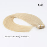 #60 White Blonde 100% Human Remy Hair Tape In Hair Extension Light Color Straight (40Pcs/100Gram)