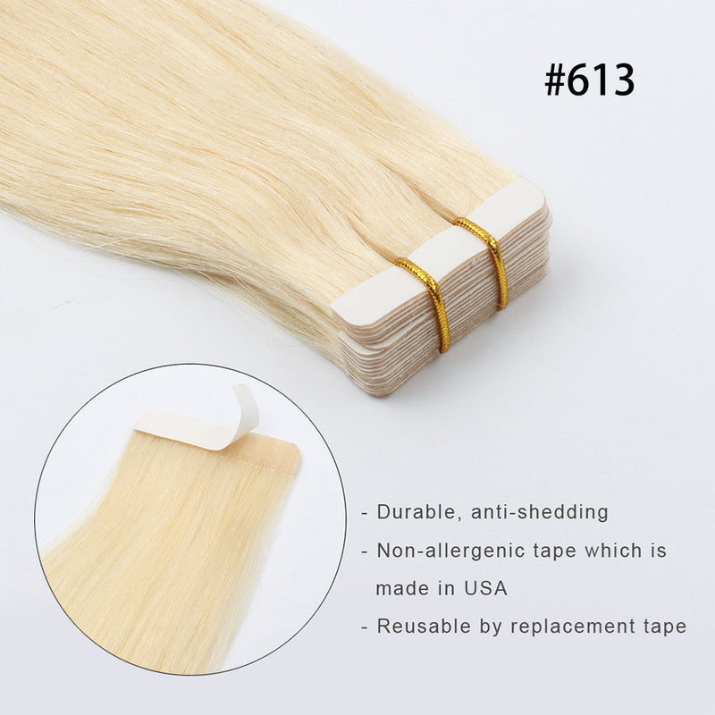 #613 Bleach Blonde 100% Human Remy Hair Tape In Hair Extension Light Color Straight (40Pcs/100Gram)