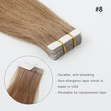 #8 Light Brown 100% Human Remy Hair Tape In Hair Extension Dark Color Straight (40Pcs/100Gram)