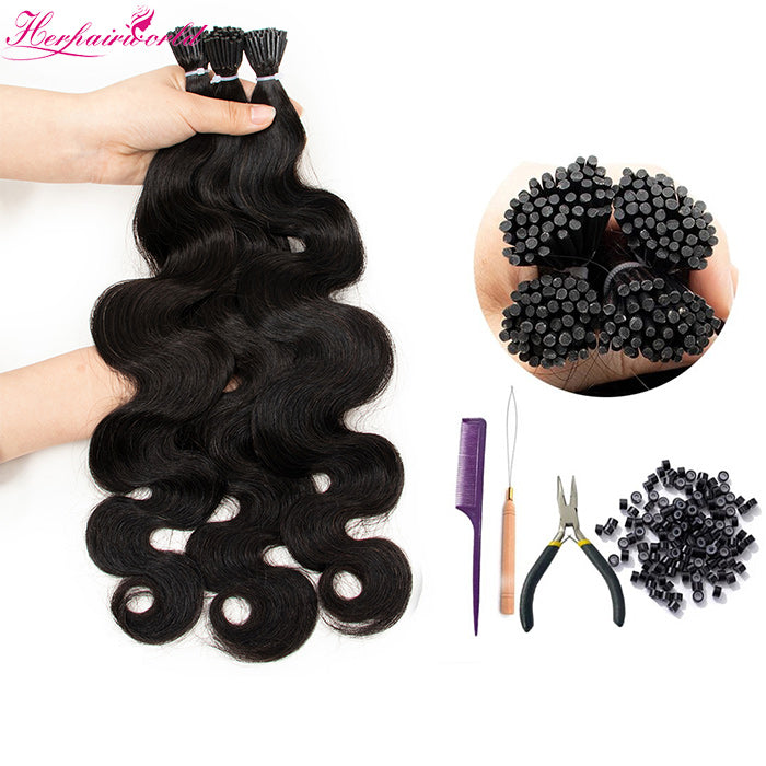 #1B Natural Black Stick Hair I Tip Remy Hair Extension Body Wave Dark Color (100pcs - 100g£©