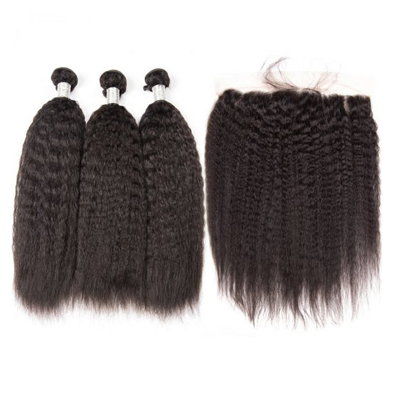 3 Bundle Deals With 13*4 Transparent Frontal Kinky Straight Virgin Human Hair Natural Black